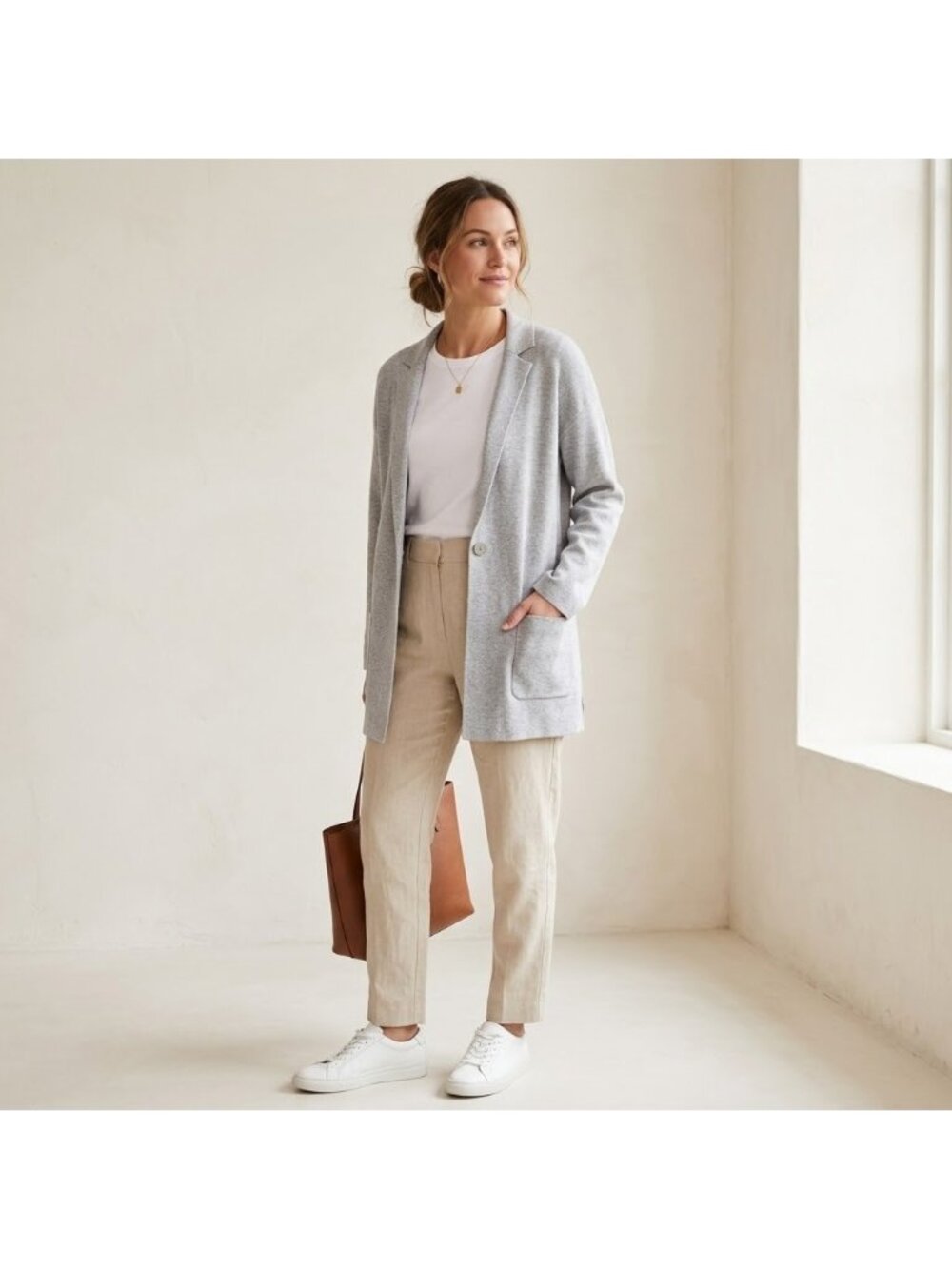 Talbots Women XL Grey Knit Sweater Blazer Coatigan Single Button Pocket Cardigan